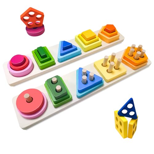 hautllaif 2 Stück Montessori Spielzeug ab 1 Jahr, Holz Steckpuzzle Lernspiele, Lernspielzeug Form und Farberkennung für Stapelspielzeug, Sinnvolle Geschenke für Baby Jungen Mädchen ab 1 2 3 Jahre von hautllaif