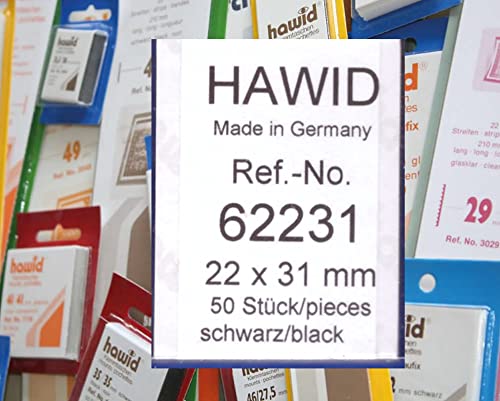 hawid Letzte Original Zuschnitte, 50 Stück, glasklar oder schwarz, 58 Verschiedene Größen in den gebräuchlichen Briefmarkenformaten zur Auswahl (22 x 31 mm, schwarz) von hawid