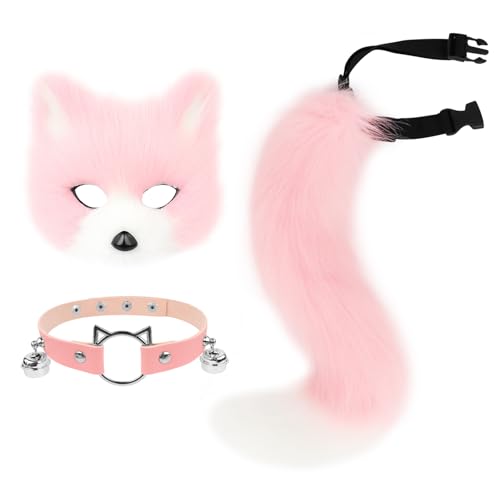 hbbhml Kunstpelz Fuchs Maske Wolf Katze flauschiger Schwanz und Leder Halskette Set Halloween Party Cosplay Kostüm Accessoire von hbbhml