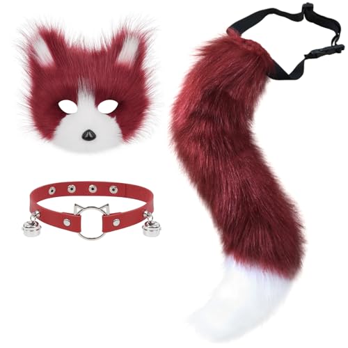 hbbhml Kunstpelz Fuchsmaske Wolf Katze Flauschiger Schwanz und Leder Halskette Set Halloween Party Cosplay Kostüm Zubehör hbbhml Kunstpelz Fuchsmaske Wolf Katze Flauschiger Schwanz und Leder Halskette Set Halloween Party Cosplay Kostüm Zubehör von hbbhml