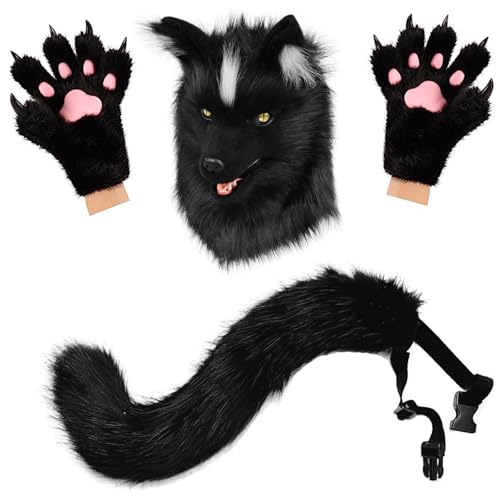 hbbhml Neuheit Maske Kunstfell Schwanz Kralle Handschuhe Halloween Party Dress Up Wolf Hund Tier Kopf Masken Anzug von hbbhml