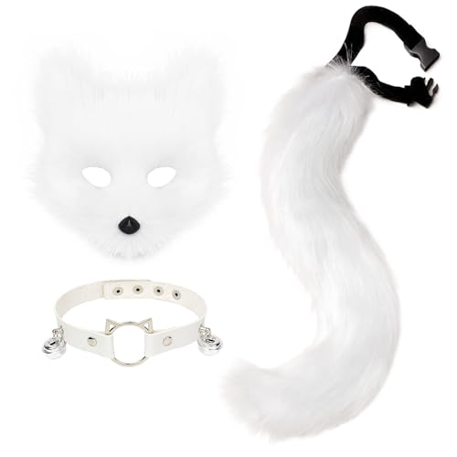 hbbhml Pelzige Katze Fuchs Maske Wolf Schwanz Karneval Halloween Party Cosplay Kostüm Leder Hals Choker Zubehör Set für Kinder Erwachsene von hbbhml