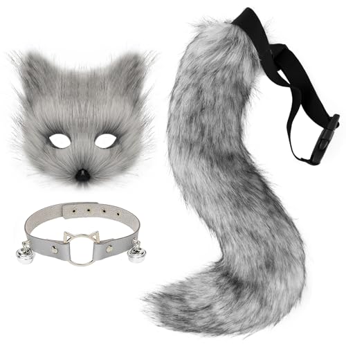 hbbhml Pelzige Katze Fuchs Maske Wolf Schwanz Karneval Halloween Party Cosplay Kostüm Leder Hals Choker Zubehör Set für Kinder Erwachsene von hbbhml