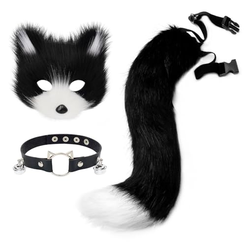 hbbhml Pelzige Katze Fuchs Maske Wolf Schwanz Karneval Halloween Party Cosplay Kostüm Leder Hals Choker Zubehör Set für Kinder Erwachsene von hbbhml