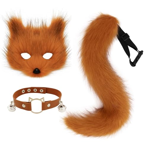 hbbhml Pelzige Katze Fuchs Maske Wolf Schwanz Karneval Halloween Party Cosplay Kostüm Leder Hals Choker Zubehör Set für Kinder Erwachsene von hbbhml