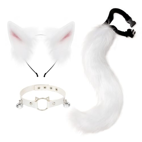 hbbhml Pelzige Tiere, Katze, Fuchsschwanz, Kunstfell, Wolfsohren, Stirnband, Lederhalskette, Kostüm-Set für Party, Halloween, Cosplay von hbbhml