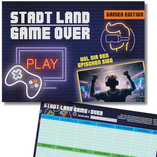 Stadt Land Game Over - Gaming Edition - A4 Gesellschaftsspiel Stadt Land Fluss Spielblock I Geschenkidee für Zocker Jungs von heaven+paper