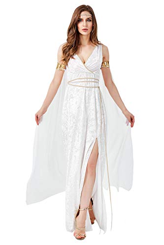 Damen Halloween Kostüm Griechische Göttin Kostüm Athena V-Ausschnitt Ärmellos Römische Olympia Toga Komplettset, weiß, Large von helymore