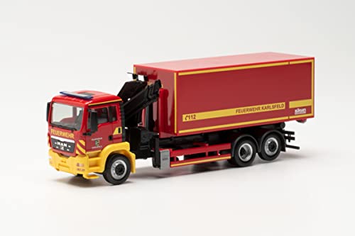 Herpa LKW Modell Man TGS M Wechsellader mit Kran „Feuerwehr Karlsfeld“, originalgetreu im Maßstab 1:87, Modell LKW für Diorama, Modellbau Sammlerstück, Deko Miniaturmodelle aus Kunststoff von herpa