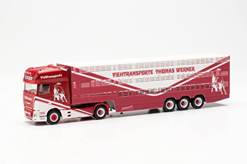 Herpa LKW Modell DAF XF SSC Viehtransporter-Sattelzug Thomas Werner, originalgetreu im Maßstab 1:87, Modell LKW für Diorama, Modellbau Sammlerstück, Made in Germany, Deko, LKW-Modell aus Kunststoff, Rot, Weiß von herpa