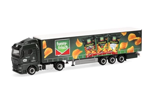 Herpa LKW Modell Man TGX GM Gardinenplanen-Sattelzug CTJ/Funny Frisch (Nordrhein-Westfalen/Dormagen), Miniatur im Maßstab 1:87, Sammlerstück, Made in Germany, Kunststoff von herpa