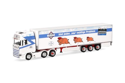 Herpa LKW Modell Scania CS 20 HD Kühlkoffer-Sattelzug Kurant Fleisch, Zugmaschine mit Ladekran und Heckabstützung, Miniatur im Maßstab 1:87, Sammlerstück, Made in Germany, Kunststoff von herpa