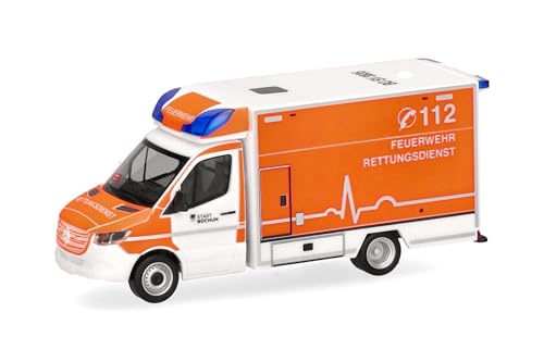 Herpa Modellauto Mercedes-Benz Sprinter 18 RTW Feuerwehr Bochum, Miniatur im Maßstab 1:87, Sammlerstück, Made in Germany, Modell aus Kunststoff, Tagesleuchtrot, Weiß von herpa