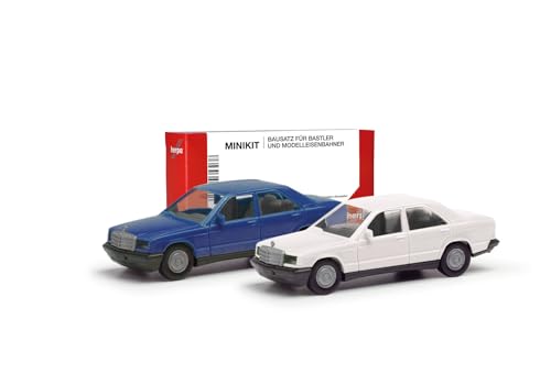 Herpa Modellbausatz MiniKit Mercedes-Benz 190E, 2er Set, Blau/Classicweiß, Miniatur im Maßstab 1:87, Sammlerstück, Kit für Modellbau, Kunststoff von herpa