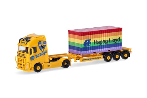 Herpa Volvo FH Gl. XL 2020 Container-Sattelzug acargo/Hapag Lloyd (Hamburg), Zugmaschine mit Ladekran und Heckabstützung, Miniatur im Maßstab 1:87, Sammlerstück, Made in Germany, Kunststoff von herpa