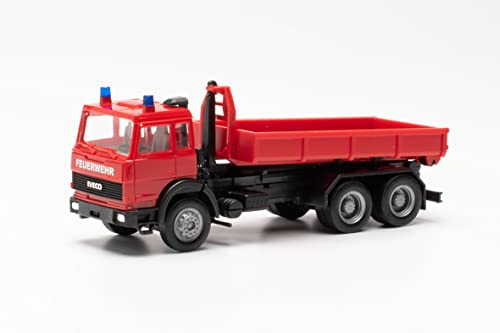 herpa 097178, Magirus Abrollmulden Feuerwehr, originalgetreu im Maßstab 1:87, Modell LKW für Diorama, Modellbau Sammlerstück, Deko Miniaturmodelle aus Kunststoff, rot von herpa