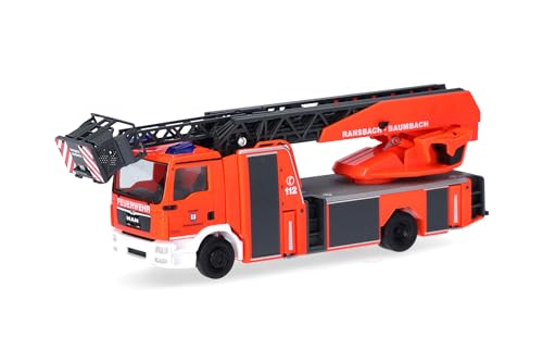 herpa 097772 Modellauto Man TGM Drehleiter Feuerwehr (Rheinland-Pfalz/Ransbach-Baumbach), Miniatur im Maßstab 1:87, Sammlerstück, Made in Germany, Modell aus Kunststoff Miniaturmodell, Rot von herpa