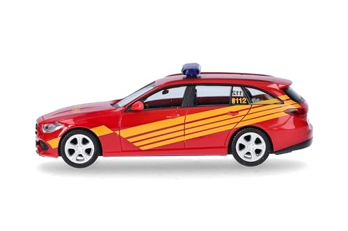 herpa 097833 Modellauto Mercedes-Benz C-Klasse T Kommandowagen Feuerwehr, Miniatur im Maßstab 1:87, Sammlerstück, Made in Germany, Modell aus Kunststoff Miniaturmodell, rot, gelb von herpa