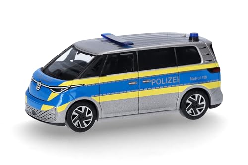 herpa 097994 Modellauto Volkswagen (VW) ID. Buzz Polizei Fahrzeugstudie, Miniatur im Maßstab 1:87, Sammlerstück, Made in Germany, Modell aus Kunststoff Miniaturmodell, Silber, blau, gelb von herpa