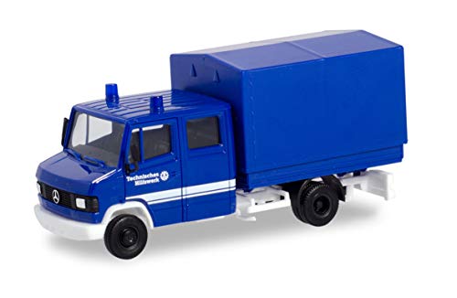 Herpa Modellauto Mercedes-Benz T2 Doppelkabine mit Plane "THW" LKW Transport Fahrzeug, Trucks, Blauer Miniatur Auto, Modellbau, Miniaturmodelle, Sammlerstück, Kunststoff - Maßstab 1:87, Mehrfarbig von herpa