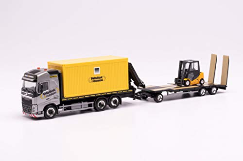 herpa 312769 Volvo FH Gl. Flachbett-LKW mit Container/Ladekran und Goldhofer TU3 mit Gabelstapler Wallek & Geser, mehrfarbig von herpa