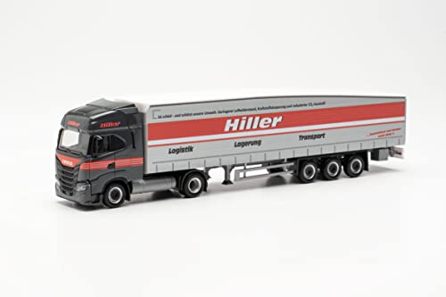 herpa 315548 Iveco S-Way Schmitz Ecoflex-Sattelzug „Hiller Logistik“ originalgetreu im Maßstab 1:87, Modell LKW für Diorama, Modellbau Sammlerstück, Deko Miniaturmodelle aus Kunststoff, Mehrfarbig von herpa