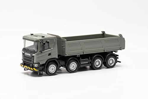 herpa 315647 Scania CG 17 4-achs Baukipper, originalgetreu im Maßstab 1:87, Modell LKW für Diorama, Modellbau Sammlerstück, Deko Miniaturmodelle aus Kunststoff, Farbe: grau/gelb von herpa