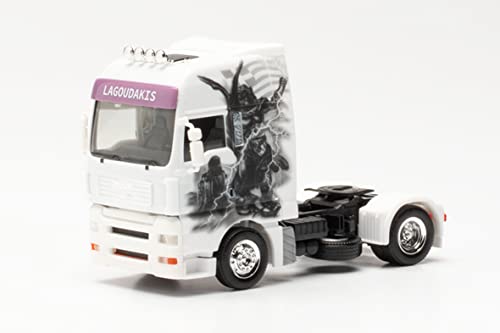 herpa 315708 TGA XXL Zugmaschine „Lagoudakis 4 / Zeus“, originalgetreu im Maßstab 1:87, Modell LKW für Diorama, Modellbau Sammlerstück, Deko Miniaturmodelle aus Kunststoff, Mehrfarbig von herpa