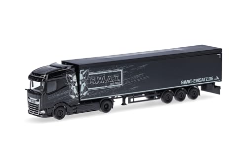 herpa 317603 LKW Modell DAF XG Schubboden-Sattelzug S.W.A.T.(Thüringen/Rodeberg-Struth), Miniatur im Maßstab 1:87, Sammlerstück, Made in Germany, Kunststoff Miniaturmodell, Mehrfarbig von herpa