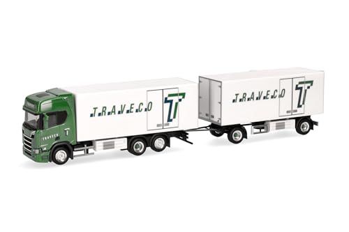 herpa 317788 LKW Modell Scania CR20 HD Kühlkoffer-Hängerzug Traveco (Schweiz/Sursee), Miniatur im Maßstab 1:87, Sammlerstück, Made in Germany, Kunststoff Miniaturmodell, Mehrfarbig von herpa