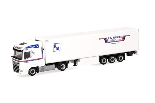 herpa 318037 LKW Modell DAF XG Kühlkoffer-Sattelzug Kaj Madsen (Dänemark/Kolding), Miniatur im Maßstab 1:87, Sammlerstück, Made in Germany, Kunststoff Miniaturmodell, weiß von herpa