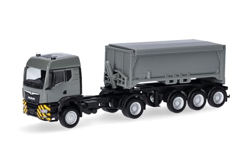 herpa 318341 LKW Modell Mercedes Man TGS TM (BAU und Allrad) Abraumcontainer-Sattelzug, Miniatur im Maßstab 1:87, Sammlerstück, Made in Germany, Kunststoff Miniaturmodell, grau, gelb von herpa