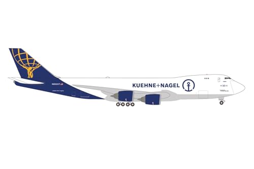 herpa 537506 Modellflugzeug Boeing 747-8F-N862GT Inspire, Kuehne+Nagel (Atlas Air), Miniatur im Maßstab 1:500, Sammlerstück, Modell ohne Standfuß, Metall Miniaturmodell, weiß, blau, gelb von herpa