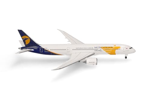 herpa 537629 Modellflugzeug MIAT-Mongolian Airlines Boeing 787-9 Dreamliner Miniatur im Maßstab 1:500, Sammlerstück, Modell ohne Standfuß, Metall Miniaturmodell, weiß, blau von herpa