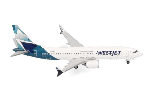 herpa 537803 Modellflugzeug Westjet Boeing 737 Max 8 –C-GRAG, Miniatur im Maßstab 1:500, Sammlerstück, Modell ohne Standfuß, Metall Miniaturmodell, weiß, blau von herpa