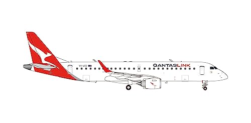 herpa 572385 Embraer Modellflugzeug QantasLink E190, VH-UZD, Miniatur im Maßstab 1:200, Sammlerstück, Modell mit Standfuß, aus Kunststoff Miniaturmodell, weiß, rot von herpa