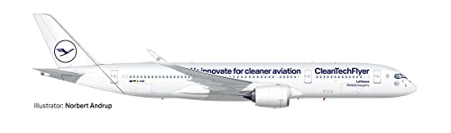 herpa 572460 Airbus Modellflugzeug Lufthansa A350-900 CleanTechFlyer, D-AIVD, Miniatur im Maßstab 1:200, Sammlerstück, Modell mit Standfuß, aus Kunststoff Miniaturmodell, weiß, blau von herpa