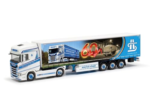 herpa LKW Modell | Scania CS20 HD Gardinenplanen-Sattelzug „Spedition Höhner/60 Jahre | Miniatur im Maßstab 1:87 | Sammlerstück | Kunststoff von herpa