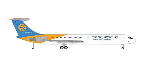 herpa Modellflugzeug Air Ukraine Ilyushin IL-62M, UR-86135, Miniatur im Maßstab 1:200, Sammlerstück, Modell mit Standfuß, aus Metall von herpa