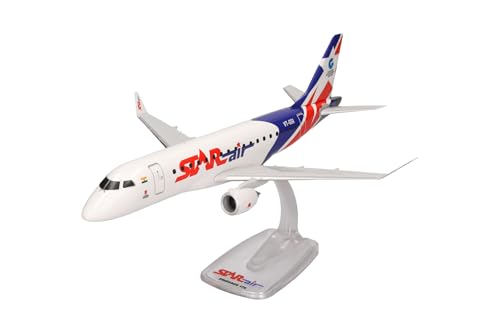 herpa Snap-Fit Modellflugzeug Star Air Embraer E175, Miniatur im Maßstab 1:100, Sammlerstück, Modell mit Standfuß, Kunststoff, Weiß. Blau, Rot von herpa