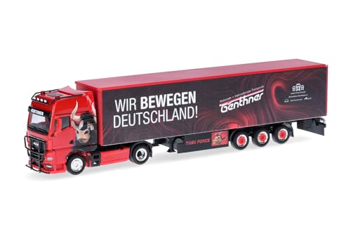 Herpa LKW Modell Man TGX GX Gardinenplanensattelzug Genthner/Wir bewegen Deutschland (Baden-Württemberg/Oberderdingen), Miniatur im Maßstab 1:87, Sammlerstück, Made in Germany, Kunststoff von herpa