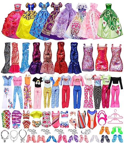 50 Kleidungsstücke für Puppen,teiliges Puppenkleidungs und Zubehörset,3 Abendkleider,3 Kleider,3 Badenanzug,3 Top & Hosen,10 Schuhe,25 Zubehör Inklusive Kleiderbügel und Schmuckzubehör von heuchaey