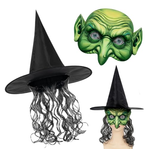 hfdsythgd 2PCS Hexenanzug,Gruselige Alte Frau Hexenmaske Mit Hut Und Haar,Hexenhut Halloween Hexenmaske Halloween Requisite Halloween Partyhut Halloween Hut Hexen Cosplay Maske Halloween Ornament von hfdsythgd