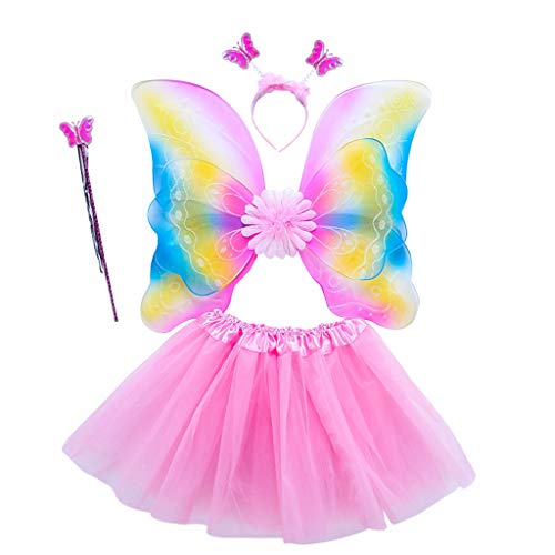 hgnxa Mädchenkostüm-Set Regenbogen für Schmetterling, 3-lagig, Tüll, Tutu, Rock, Zauberstab, Stirnband, Prinzessin, Halloween-Teil von hgnxa