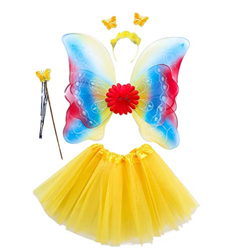 hgnxa Mädchenkostüm-Set Regenbogen für Schmetterling, 3-lagig, Tüll, Tutu, Rock, Zauberstab, Stirnband, Prinzessin, Halloween-Teil von hgnxa