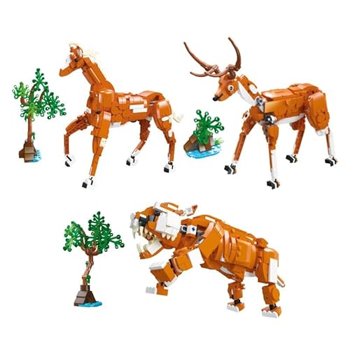 Mini Tiere Bausteine Set, 3 in 1 Tiger Pferd Hirsch Simulation DREI Arten Tiere Figuren, 747 Klemmbausteine Ideas Geschenke Klemmbausteine Spielzeug für Kinder Jungen und Mädchen von highdar