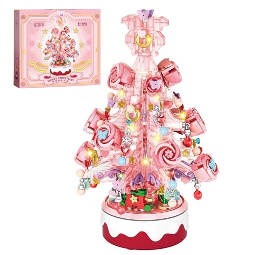 Rotierende Weihnachten Spieluhr Bausteine, 900+Klemmbausteine Weihnachtsbaum Bausteine Mit Lichtern und Musik, Weihnachtsbaum Weihnachten Geschenke Spielzeug für Erwachsene und Kinder (Rosa) von highdar