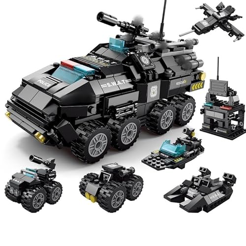 Stadt Polizeiauto Bausteine Bausatz, 6 In 1 Militär Auto Bausatz Spielfigur, Polizeifahrzeug Bausteine Military Car Bricks Modell SWAT Polizeiwagen Hubschrauber Spielzeug für Kinder von highdar