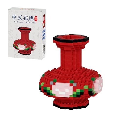 highdar Creative Chinesischer Blocker Vase Modellbausatz, 444 Klemmbausteine DIY Pfingstrosenrote Flasche Bausteine, Zimmer Deko für Erwachsene Home Deko von highdar