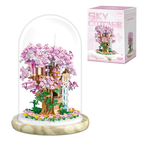 highdar Sakura Baumhaus Micro Mini Baustein Set, 1382 Klemmbausteine Blumen klemmbausteine Bausteine mit Staubdichte Kuppel Und Sockel,Geschenk für Mädchen ab 6 Jahren von highdar